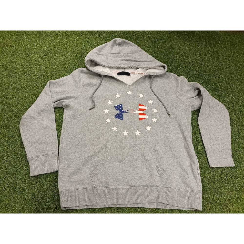 Under Armour Freedom Coldgear Hoodie Womens L Gray Graphic American Flag Loose